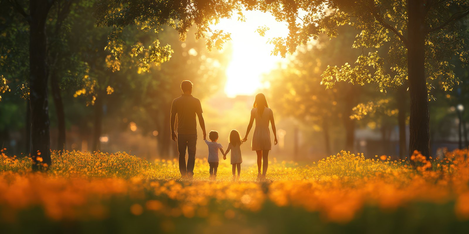 Family enjoys a sunset walk through a flower-filled park on a warm evening in spring with vibrant colors illuminating the path